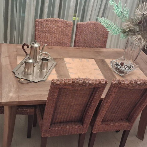 Vintage wooden dining set with rectangular table and six wicker chairs