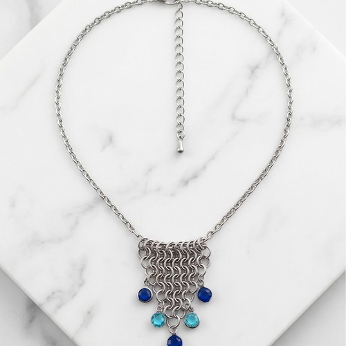 Handmade steel necklace European chainmail with blue crystals new