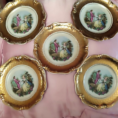 Eschenbach La Reine Bavaria porcelain dessert plates set of 5, 22K gold, like new