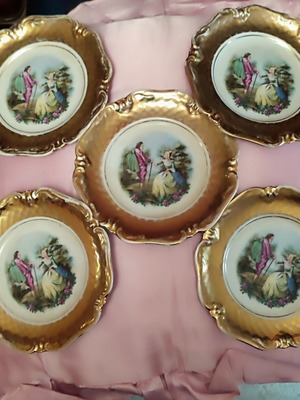 Eschenbach La Reine Bavaria porcelain dessert plates set of 5, 22K gold, like new