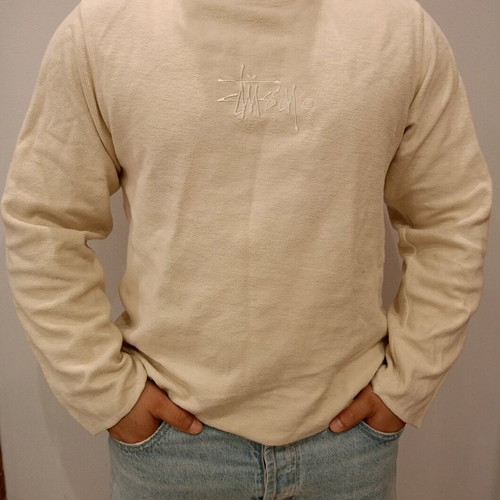 Unisex Stüssy cream mock neck sweatshirt used with embroidered logo