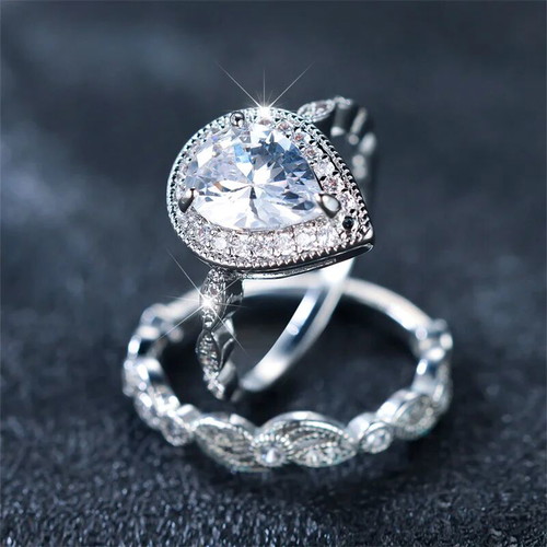 Set of rings tear-shaped solitaire and wedding band platinum plated silver 925 new