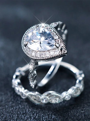 Set of rings tear-shaped solitaire and wedding band platinum plated silver 925 new