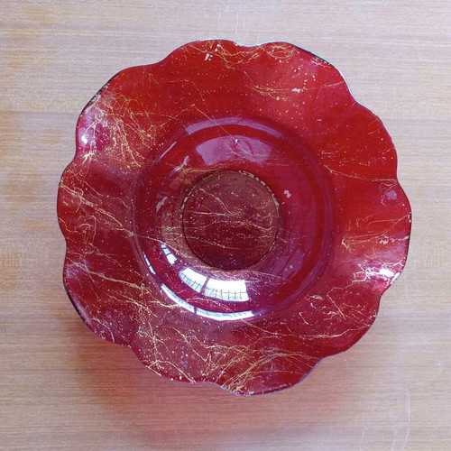 Decorative red glass platter used with vintage crackle effect