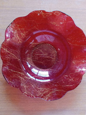 Decorative red glass platter used with vintage crackle effect
