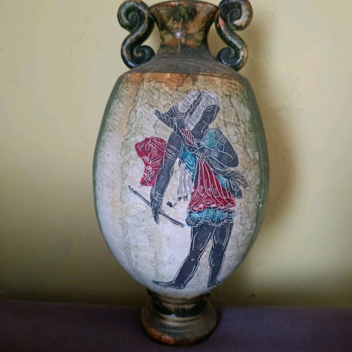 Clay vase new, completely handmade and painted, height 33 cm