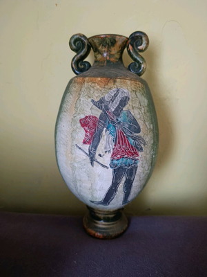 Clay vase new, completely handmade and painted, height 33 cm