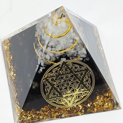 Orgonite pyramid with black tourmaline, quartz and Flower of Life symbol like new