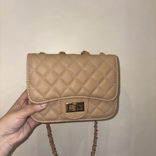 Quilted beige and baby pink nude crossbody bag with gold chain