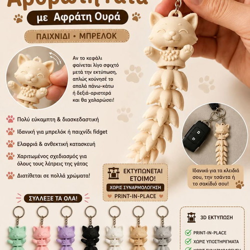 Flexi Cat 3D Printed Toy and Keychain new, articulated cat with tail