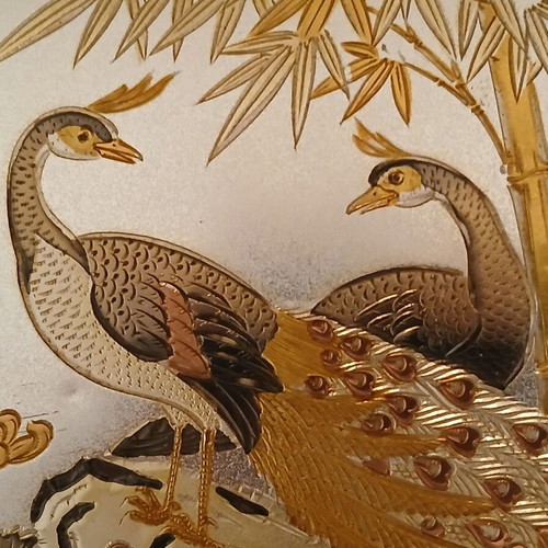 Japanese chokin plate used, peacocks, 26 cm diameter