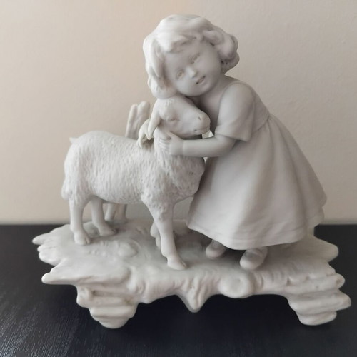 Micro sculpture girl with lamb used, vintage porcelain figurine