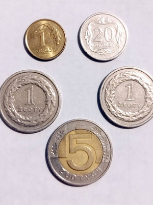 Polish coins used, small collection of 5 pieces