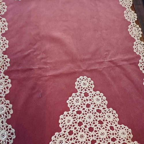 Handmade crochet motifs on refurbished velvet, pink salmon