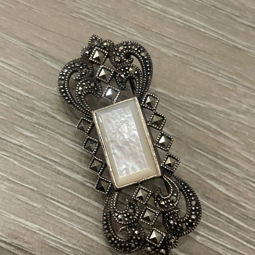Silver 925 pin used with marcasite and vintage pearl