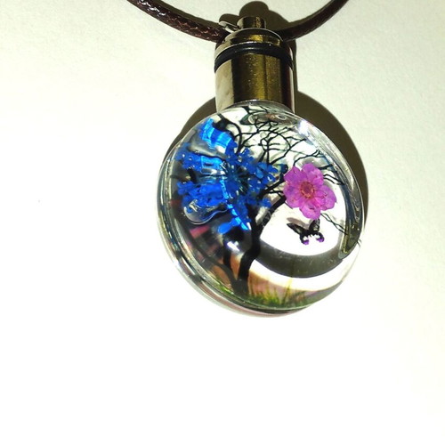 Pendant necklace faux bizou tree butterfly new, blue and purple