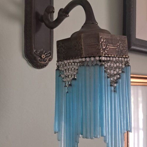 Art Nouveau-Art Deco wall sconces with pink and sky blue glass rod fringe