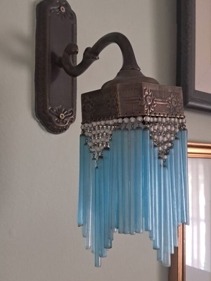 Art Nouveau-Art Deco wall sconces with pink and sky blue glass rod fringe