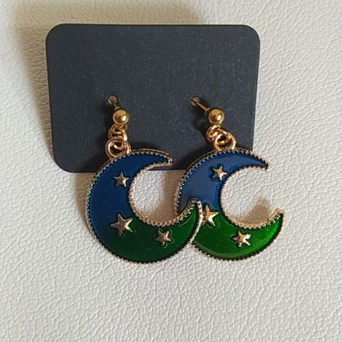 Earrings with moon and stars, new, blue and green