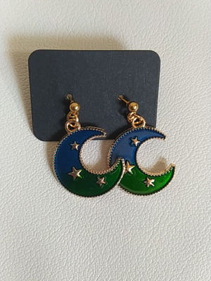 Earrings with moon and stars, new, blue and green