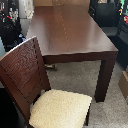Solid oak dining set with six chairs, drawer and extension