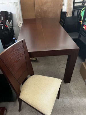 Solid oak dining set with six chairs, drawer and extension