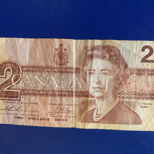 Canadian 2 Dollar Banknote 1986 used, Birds of Canada series