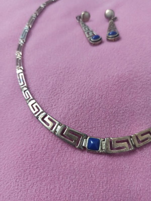 925 Silver Giannitiko Lapis Lazuli Necklace and Earrings Set used