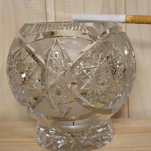 Vintage crystal vase/candle holder/ashtray used, with handmade designs