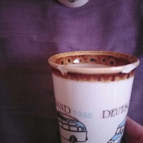 Staffordshire ceramic mugs used, set of 2 with vintage car designs