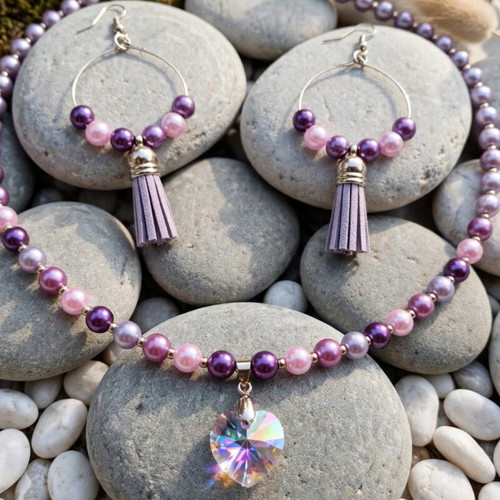 Purple beaded necklace and earrings set
