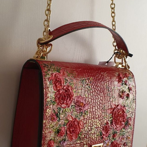 Leather crossbody bag red with hand-painted floral design new