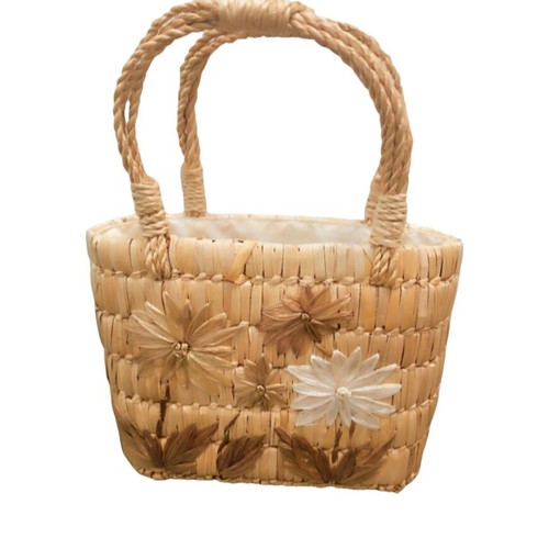 Vintage straw purse with raffia flowers like new, beige