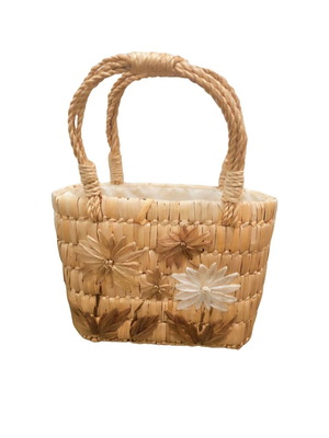 Vintage straw purse with raffia flowers like new, beige