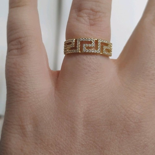 Ring with meander design and stones, 925 silver, gold color, new