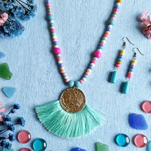 Colorful Tassel Long Necklace and Earrings Set new