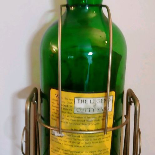 Vintage empty Cutty Sark whisky bottle 1 gallon with metal pourer and cradle used
