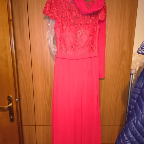 Dress Abigie maxi with lace bust and muslin skirt, coral red, like new, size M/L