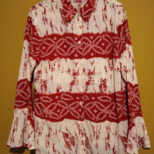 Long-sleeve thin cotton shirt, UK 18, red and cream