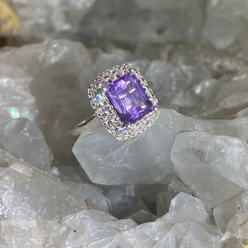 Silver ring with natural amethyst cut stone and moissanite, new