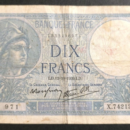 10 Francs 1939 banknote used, France