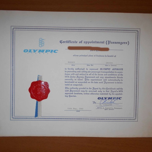 Olympic Airways Certificate of Quality Service used, 1968