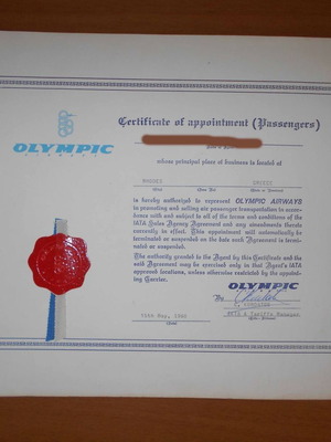 Olympic Airways Certificate of Quality Service used, 1968