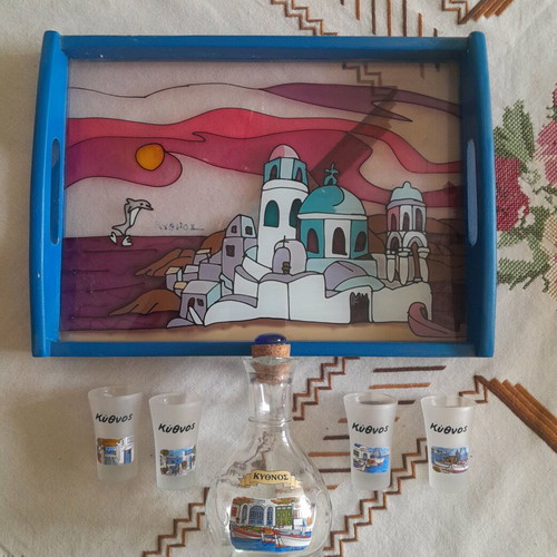 Glass serving tray with 4 shot glasses and tsipouro jug, new