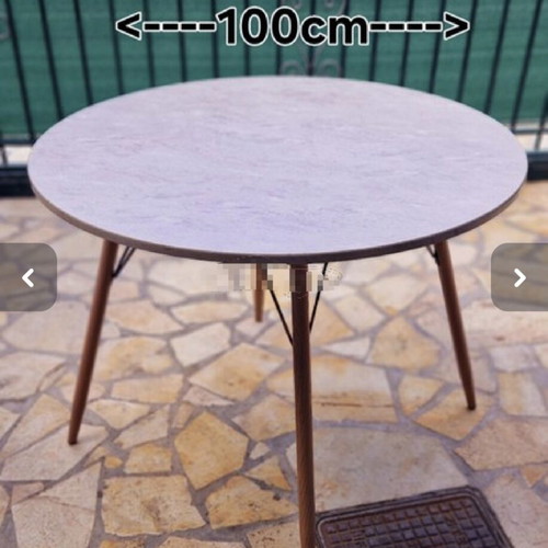 Round table like new, 1 meter wide, gray marble look, metal legs with wood finish