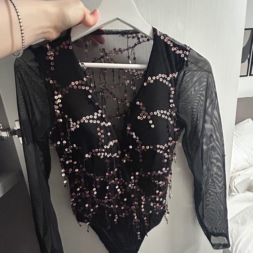 Women's black lace evening sequined bodysuit top size S-M new