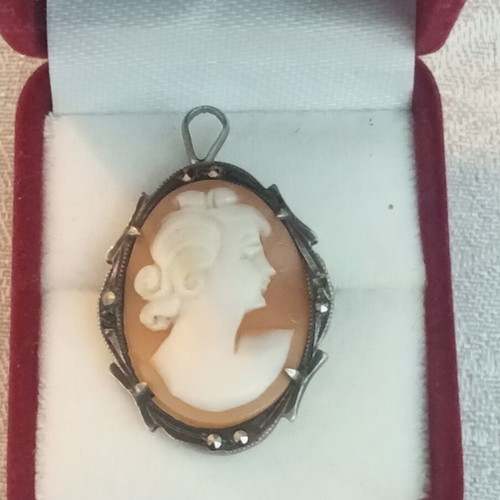 Cameo silver 800 brooch pendant with crystals, vintage 1940