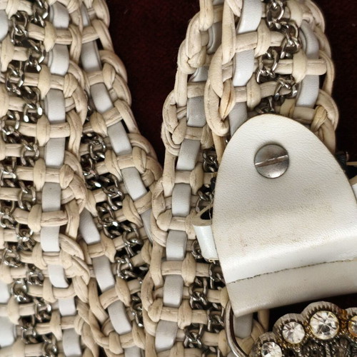 Wide knitted belt with chains and rhinestone buckle used, white and gold