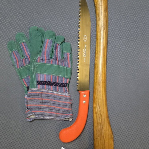 Garden tool set new, 3 pieces with axe, Salvador saw and gloves