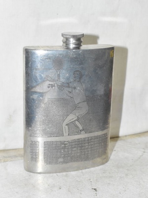 Vintage English Sheffield Pocket Flask with Engraved Tennis Scene used